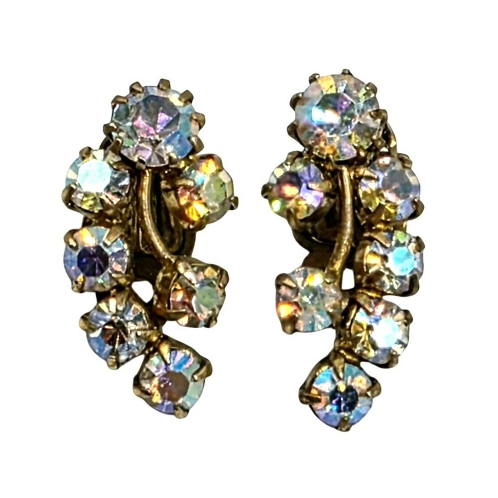 1950s Aurora Borealis Rhinestones Clip-On Earrings Drop Cluster Western Germany - Picture 8 of 10